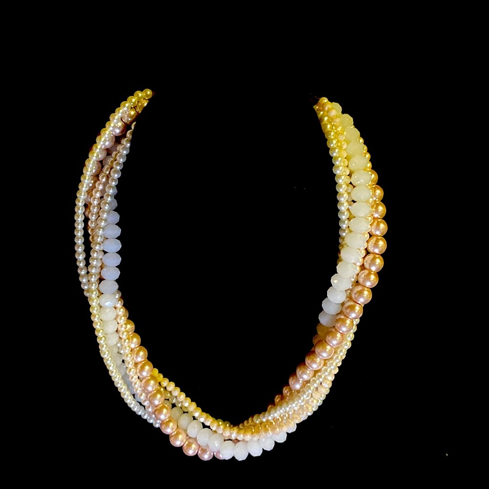 Beautiful multi beaded necklace in peachy, pink and white tones. W/ Bonus gift!